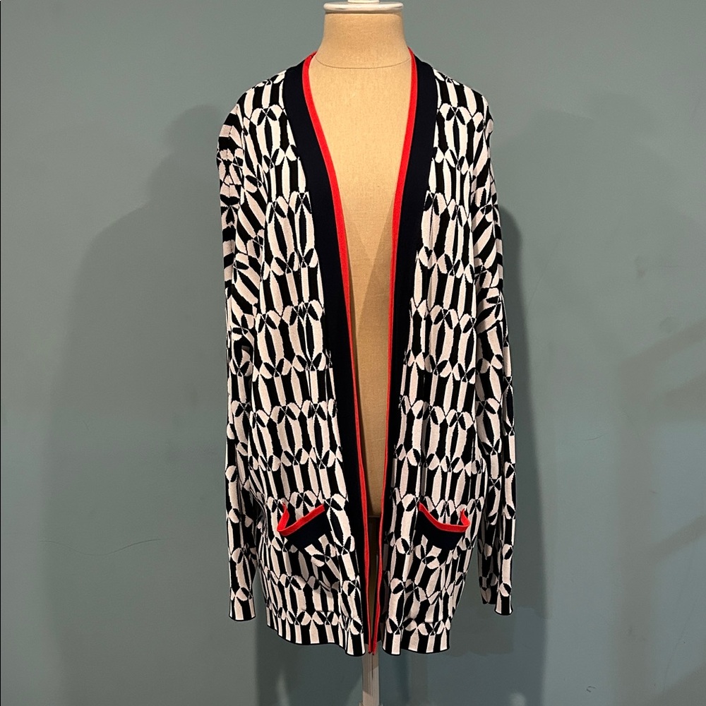 Boden Jacquard Cardigan Sweater XL Open Front Abstract Geometric Black White Red
